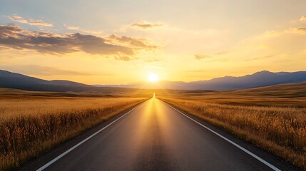 Aufkleber - Scenic asphalt road stretching towards a vibrant sunset over golden wheat fields and distant mountains, offering a sense of journey and freedom. : Generative AI