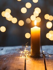 Poster - A lit candle sits on a rustic wooden table, illuminated by warm, blurry bokeh lights in the background, creating a cozy and peaceful atmosphere. : Generative AI