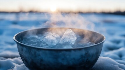 Aufkleber - A metal bowl filled with ice cubes sits in the snow, emitting steam; a winter sunset is visible in the background. : Generative AI