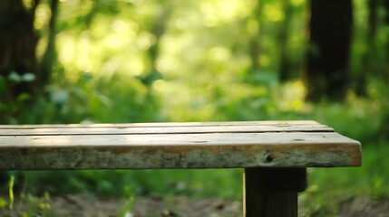 Aufkleber - Rustic wooden bench in a sun-dappled forest setting, perfect for product placement or nature-themed designs.  The blurred background enhances the serene atmosphere. : Generative AI