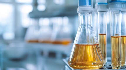 Aufkleber - Close-up view of amber liquid in an erlenmeyer flask and test tubes, situated in a modern laboratory setting.  The background is softly blurred, emphasizing the scientific glassware. : Generative AI