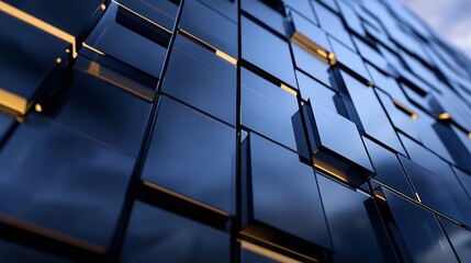 Leinwandbilder - Abstract digital background with dark blue, glossy cubes forming a geometric pattern, illuminated by subtle golden lines, creating a modern and technological aesthetic. : Generative AI