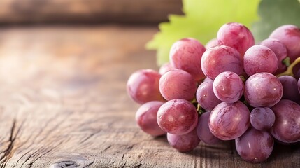 Poster - A cluster of ripe, red grapes rests on a rustic wooden surface, illuminated by soft, natural light, showcasing their juicy texture and vibrant color. : Generative AI