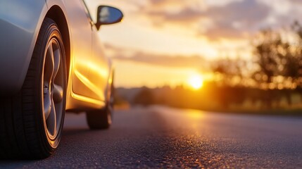 Aufkleber - Close-up of a silver car's tire on an asphalt road during a vibrant sunset, showcasing the warm golden light and blurred background of trees and a setting sun. : Generative AI