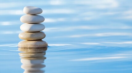 Poster - Serene Stack of Smooth, Light-Colored Stones Floating Gently on Calm Blue Water, Reflecting Tranquility and Balance. : Generative AI