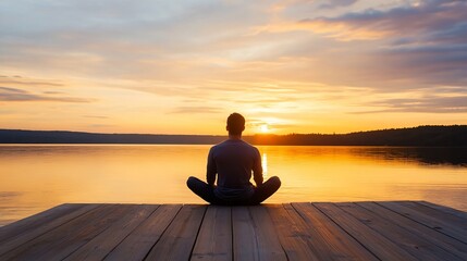 Aufkleber - Silhouette of a man meditating in lotus position on a wooden dock at sunset, overlooking a calm lake with golden sky and tranquil water. : Generative AI