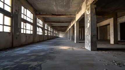 Poster - Long, abandoned factory hallway with broken windows and decaying concrete pillars, sunlight streaming through the gaps, showing the passage of time and neglect. : Generative AI