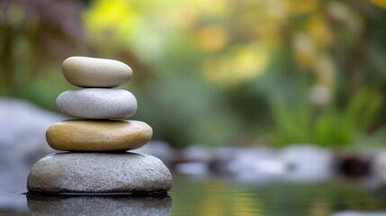 Aufkleber - Serene Stack of Stones in a Tranquil Garden Setting, Reflecting in Calm Water, Evoking Peace and Harmony. : Generative AI