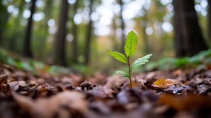 Aufkleber - A single, vibrant green sapling emerges from a bed of fallen autumn leaves, in a softly blurred forest background. : Generative AI