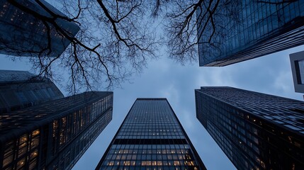Poster - Low-angle view of skyscrapers at dusk, silhouetted tree branches frame the towering buildings against a twilight sky, showcasing modern architecture and urban landscape. : Generative AI