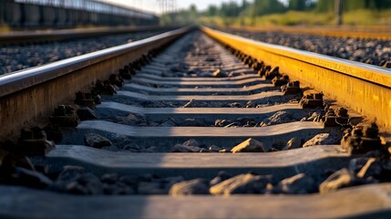 Poster - Close-up view of railway tracks at sunset, showing the rusty metal rails, gravel ballast, and sleepers.  The perspective emphasizes the depth and texture of the railroad infrastructure : Generative AI