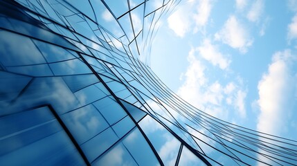Aufkleber - Modern glass skyscraper facade reflecting blue sky and clouds; architectural detail of a curved building exterior with geometric patterns. : Generative AI