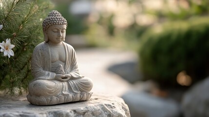 Aufkleber - Serene Buddha statue meditates peacefully amidst lush greenery, bathed in soft sunlight; a tranquil garden scene evokes calmness and inner peace. : Generative AI
