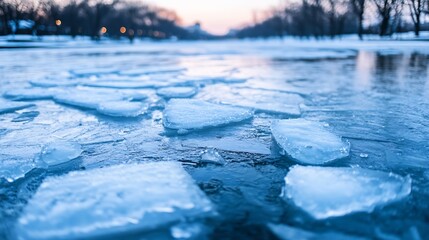 Poster - Close-up view of ice floes floating on a dark blue river, with a blurred background of trees and city lights at dusk. : Generative AI