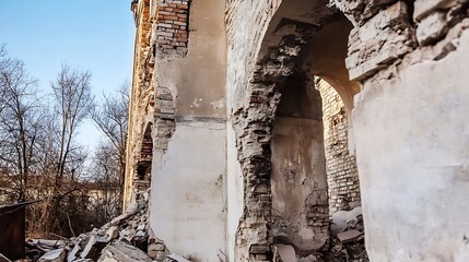 Aufkleber - Ruined brick building exterior showing significant damage, crumbling walls, and arched doorways, set against a backdrop of leafless trees under a clear sky. : Generative AI