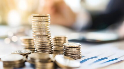 Leinwandbilder - Close-up of several stacks of shiny coins on a financial report, suggesting growth and financial success.  The blurred background hints at a business setting. : Generative AI