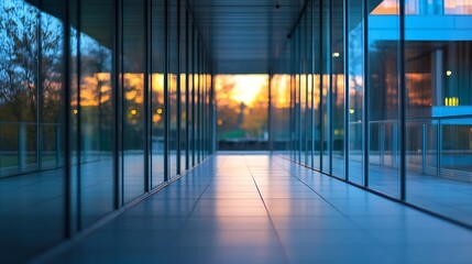 Aufkleber - Sunset reflected in modern glass building corridor, showcasing a serene and tranquil atmosphere with warm orange hues contrasting cool blue tones. : Generative AI