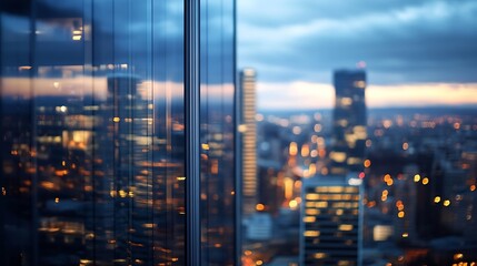 Poster - Night cityscape view through modern glass building window, showcasing blurred city lights and skyscrapers at dusk, creating a dreamy urban atmosphere. : Generative AI