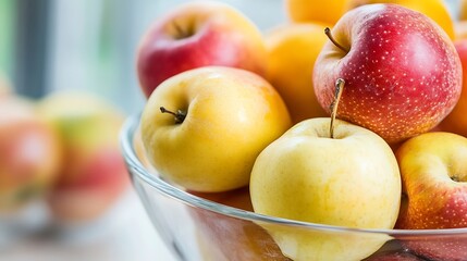 Poster - Close-up view of ripe, yellow and red apples in a glass bowl, showcasing their vibrant colors and textures.  The apples appear juicy and fresh, perfect for a healthy snack or recipe. : Generative AI