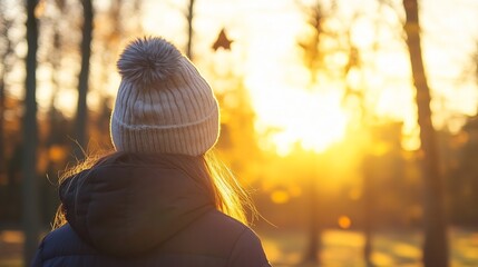 Poster - Woman in warm hat and jacket enjoys autumn sunset in a park, back view, golden hour light. : Generative AI