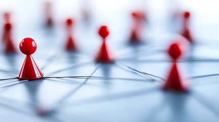 Aufkleber - Red game pieces connected by thin black lines on a light blue surface, illustrating network connections or teamwork. : Generative AI
