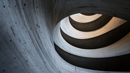 Aufkleber - Abstract architectural image showcasing a spiraling concrete structure with varying shades of gray and subtle light highlighting the curves. : Generative AI