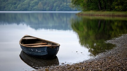Poster - Serene lake scene featuring a small, weathered wooden rowboat gently resting on the calm, clear water's edge, nestled amongst smooth pebbles. : Generative AI
