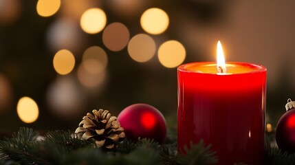 Aufkleber - A burning red candle sits on a christmas wreath with pine cones and red ornaments, bokeh lights in the background creating a warm, festive atmosphere. : Generative AI