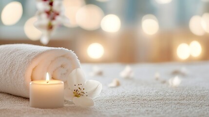 Aufkleber - Spa treatment scene: a rolled white towel, a lit candle, and delicate white flowers rest on a soft beige textured surface, creating a serene and peaceful atmosphere. : Generative AI