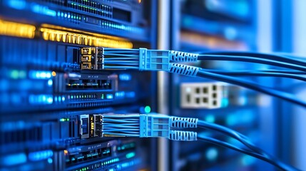 Poster - Close-up view of fiber optic cables connected to a server rack, showcasing the intricate network infrastructure and data transfer technology. : Generative AI