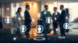 © Sanju - Business team networking with digital avatars and connections in a modern office setting shown blurred