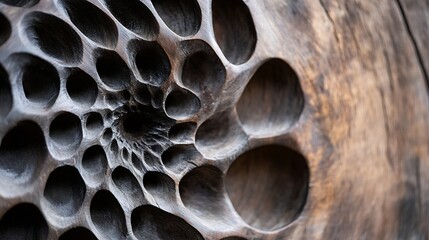 Poster - Intricate Carved Wood Sculpture: A Close-Up View of a Dark Brown Wooden Panel with Numerous Circular and Organic Cavities, Creating a Swirling, Textured Pattern. : Generative AI