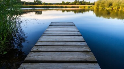 Poster - Serene wooden dock extending over calm lake water, surrounded by lush green vegetation and reflecting tranquil sky. : Generative AI