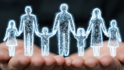 Fototapete - Digital family figures, glowing lines, held in hands, symbolizing family protection, care, and digital connection.