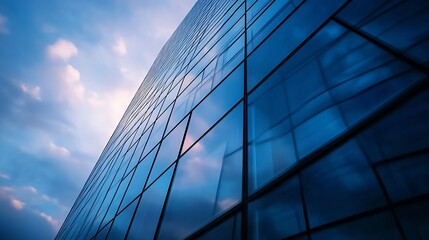 Poster - Modern skyscraper facade reflecting a twilight sky, showcasing a geometric pattern of blue glass panels and dark frames against a backdrop of soft clouds. : Generative AI
