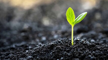 Aufkleber - A tiny green sprout emerges from dark soil, symbolizing new life, growth, and the resilience of nature.  The delicate leaves reach towards the light, a powerful image of hope and renew : Generative AI