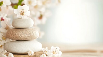 Poster - Serene spa scene: three smooth, stacked stones topped with a delicate white blossom, surrounded by soft-focus spring flowers. : Generative AI
