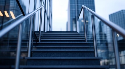 Poster - Modern city stairway with glass railings leading upwards towards towering skyscrapers, reflecting a cool blue hue. : Generative AI