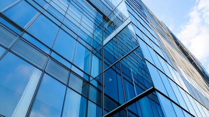 Poster - Modern glass skyscraper facade reflecting blue sky, showcasing geometric patterns and architectural design details.  The image offers a dynamic perspective of urban architecture. : Generative AI