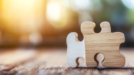 Poster - Two wooden puzzle pieces connected, one white and one natural wood, rest on a rustic wooden surface with a blurred sunlit background. : Generative AI