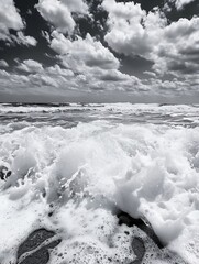 Fototapete - Dramatic black and white seascape featuring powerful ocean waves crashing on the shore under a cloudy sky, creating a textured foam. : Generative AI