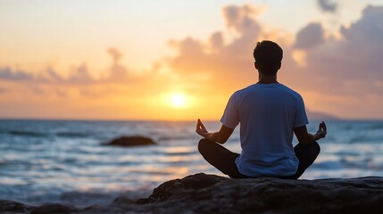 Poster - Silhouette of a man meditating on a rock at sunset, overlooking a tranquil ocean. Peaceful scene conveying serenity and mindfulness. : Generative AI