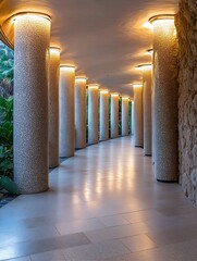 Fototapete - Illuminated walkway with textured columns and stone wall, creating a serene and modern atmosphere. The soft light enhances the architectural details, offering a sense of calm and tranq : Generative AI