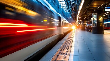 Poster - High-speed train departs station platform at sunset, motion blur effect, passengers waiting, modern railway infrastructure. : Generative AI