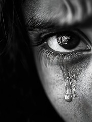 Poster - Close-up monochrome image of a child's eye with a single tear rolling down their cheek, conveying sadness and vulnerability. : Generative AI