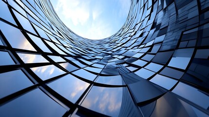 Poster - Abstract architectural rendering of a modern building's curved facade, composed of numerous reflective glass panels reflecting a partly cloudy sky. : Generative AI
