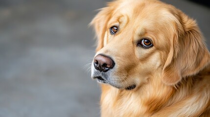 Aufkleber - Close-up portrait of a golden retriever dog, its amber eyes gazing thoughtfully, soft fur highlighted by natural light, against a blurred grey background. : Generative AI