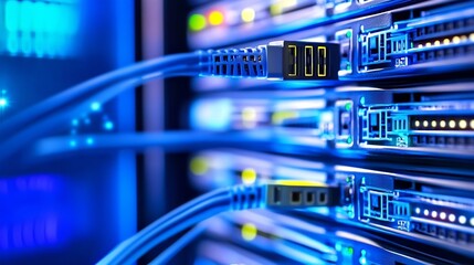 Poster - Close-up view of fiber optic cables connected to network server ports, illuminated with blue light, showcasing data center technology. : Generative AI