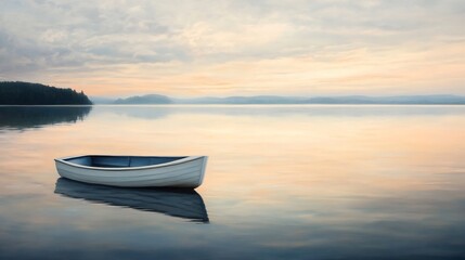 Poster - Serene sunrise over calm lake, single rowboat peacefully floats on still water, reflecting soft pastel colors of dawn sky and tranquil landscape. : Generative AI