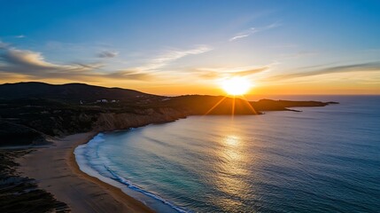 Leinwandbilder - Stunning sunset over a secluded beach, golden light illuminating the ocean waves and coastal cliffs.  A tranquil scene of nature's beauty, perfect for travel or nature photography. : Generative AI